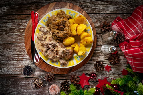 Preview: Stewed pork loin in a sauce with chanterelles.