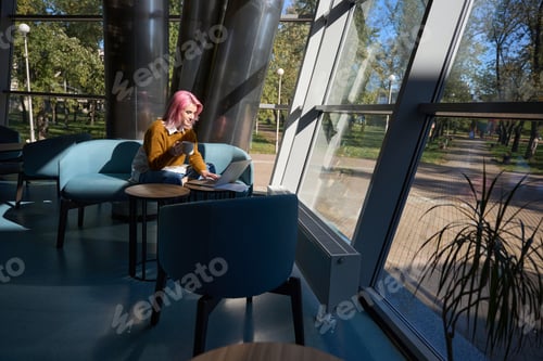 Preview: Young woman working online in in restaurant