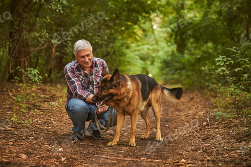 Preview: Senior man sitting on his haunches next to a dog