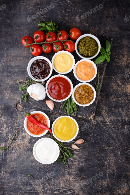 Preview: Set of different sauces. Ketchup, mustard and mayonnaise