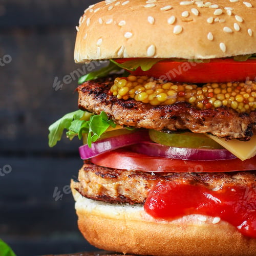 Preview: Burger, Meat Cutlet Beef Steak, Tomato, Sauce And Lettuce (Tasty Meat Snack Sandwich) Menu Concept