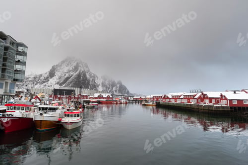 Preview: Storm clouds over waterfront, Svolvaer, Lofoten Islands, Norway