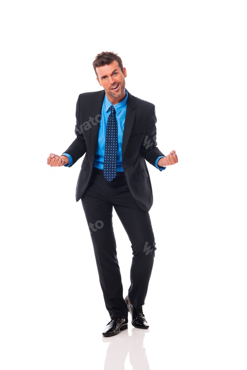 Preview: Cheerful Man in Suit Poses on White Background