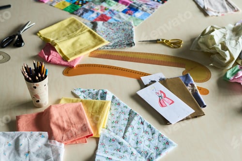 Preview: Fashion Designer Creating Dress Sketch with Fabric Samples and Drawing Tools