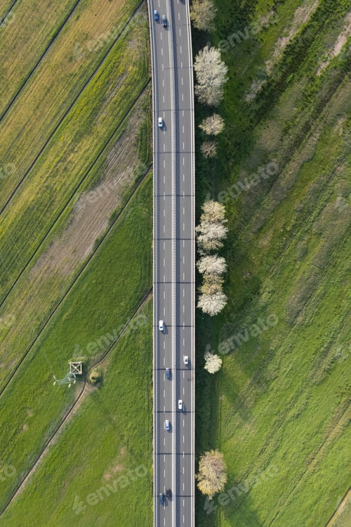 Preview: Aerial view of a stretch of highway, travel between nature and speed