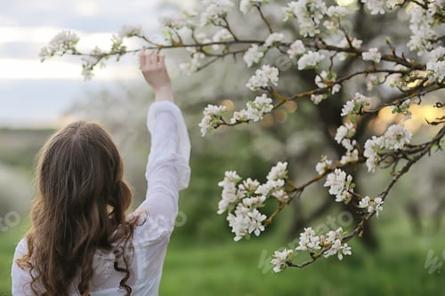 Preview: Girl Dreams Back View, Spring Portrait Happy Girl In Blooming Garden, Seasonal April