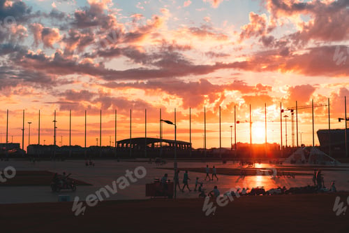 Preview: Sochi, Olympic park facilities buildings at sunset light