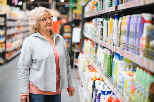 Preview: Mature female shopper buying laundry detergent in household chemicals store