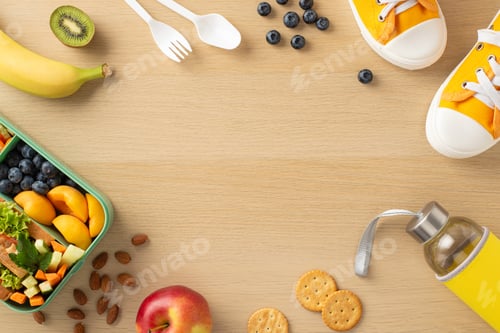 Preview: Promoting healthy eating in schools. Top view of lunchbox filled with nutritious items: fruits
