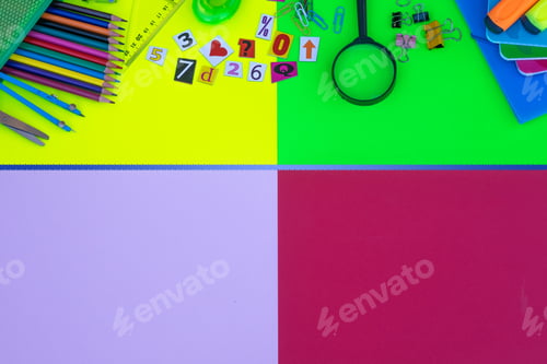 Preview: Back to school - colorful background, pencils, notebooks, scissors accessories - education concept