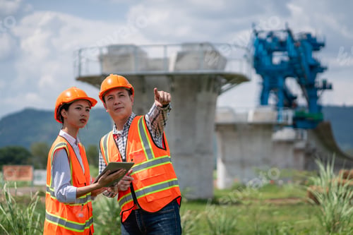 Preview: Senior construction engineer is holding paper plans and blueprints and talking with coworkers.