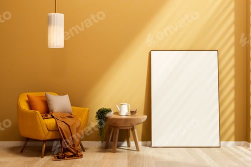 Preview: Yellow sofa chair under hanging lamp and coffee on side table with white frame leaning against wall.