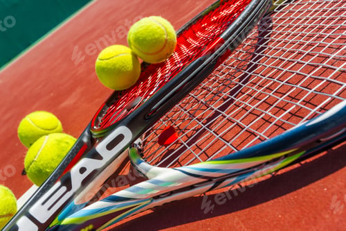 Preview: Tennis balls and racket on the grass court