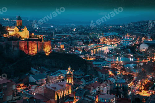 Preview: Tbilisi, Georgia. starry sky night sky above cityscape skyline, Scenic View Old Historic District Of