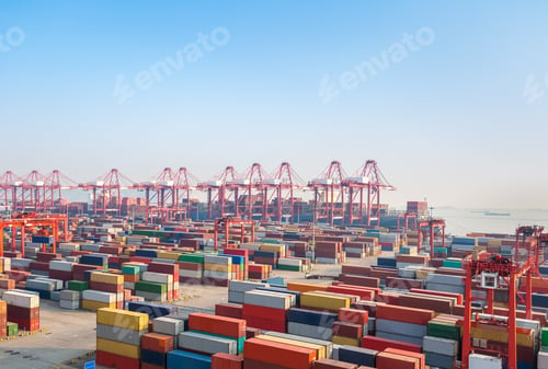 Preview: modern container terminal at dusk