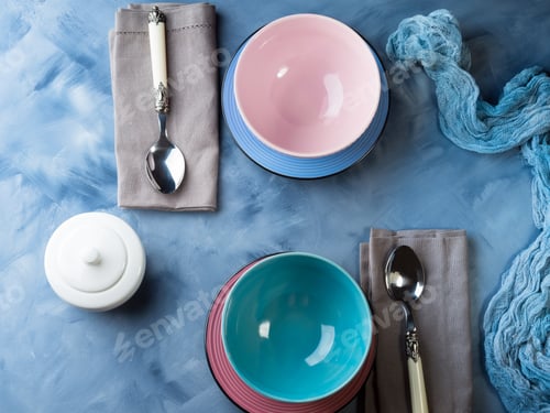 Preview: Tableware for breakfast or lunch on blue