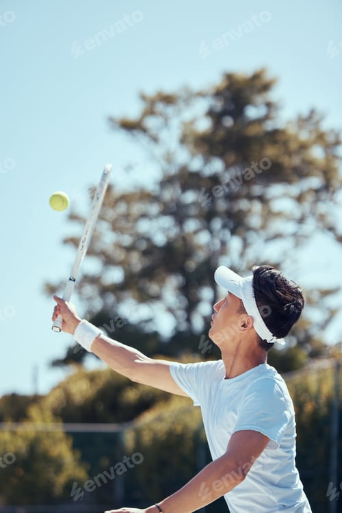 Preview: Professional tennis player man, fitness athlete and sports playing match, action and game with rack