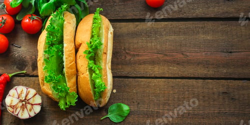 Preview: Sandwich With Lettuce Leaves And A Bun (No Meat). Top Food Background. Copy Space