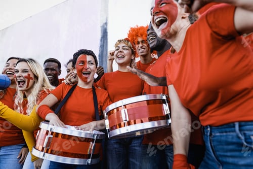 Preview: Football fans having fun cheering their favorite team - Soccer sport entertainment concept