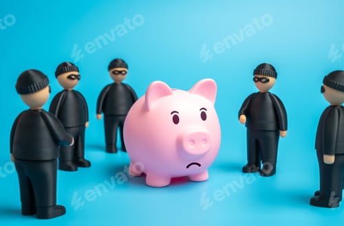 Preview: Robbers want to steal savings. Savings are at risk. Symbol of financial threat, fraud