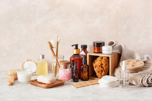 Preview: zero waste eco friendly hygiene bathroom concept wooden toothbrush soap reusable pads brush cosmetic