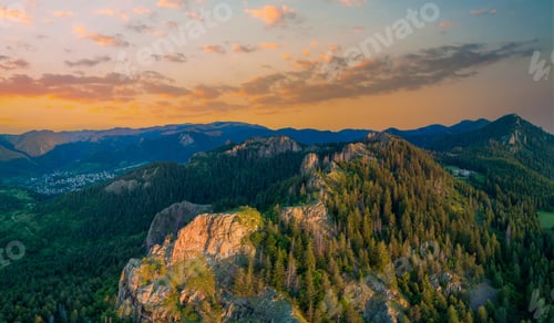 Preview: Bulgarian town Smolyan with lake, vegetation and clouds. Rhodope Mountains. Panorama, top view