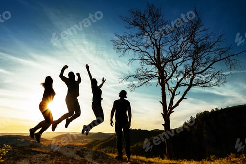 Preview: Silhouette of people. People in jump. Friends have fun at sunset. Funny friends. Best friends