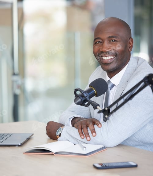 Preview: Broadcast, portrait and black man with microphone, radio podcast or content creation in office, lap