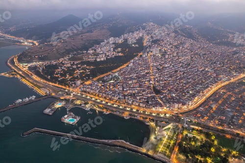 Preview: Aerial city center and port at night. Samsun, Turkey