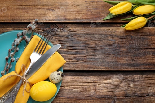 Preview: Festive Easter table setting with beautiful tulips and willow branches, flat lay. Space for text