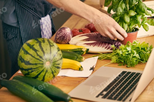 Preview: Cropped view of chef with variety of fruit, vegetables and herbs