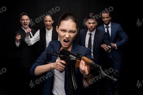 Preview: Group of businesspeople in formal wear ready to fight isolated on white