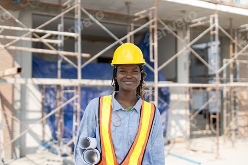 Preview: Portrait African American female civil engineer wearing safety vest helmet holding blueprint plan