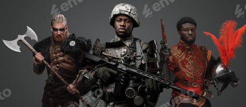 Preview: Modern black soldier and viking with medieval conquistador