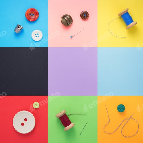 Preview: sewing tools and accessories at paper background texture
