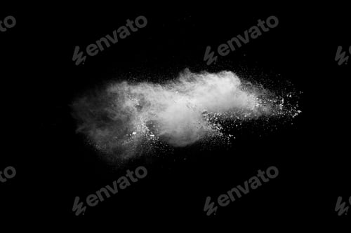 Preview: Freeze motion of white dust particles splash on black background.White powder explosion clouds.
