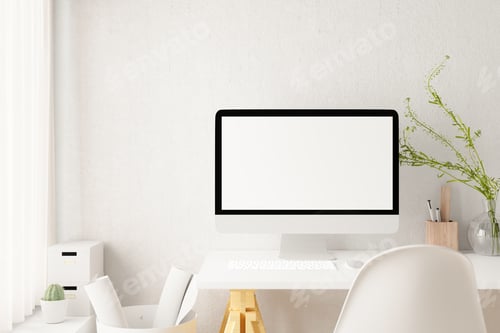 Preview: Workplace surface with blank white screen modern desktop computer