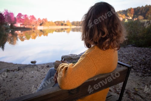 Preview: gir sits on the shore of the lake