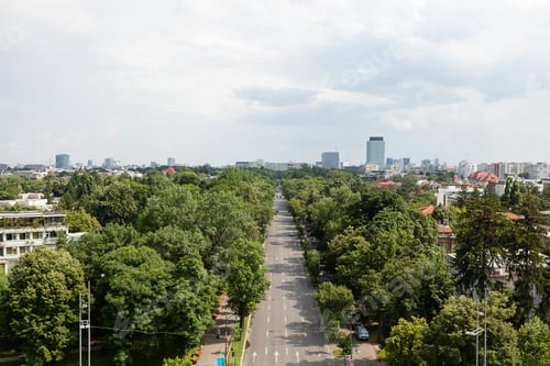 Preview: Panoramic view of metropolitan city with modern buildings and busy street