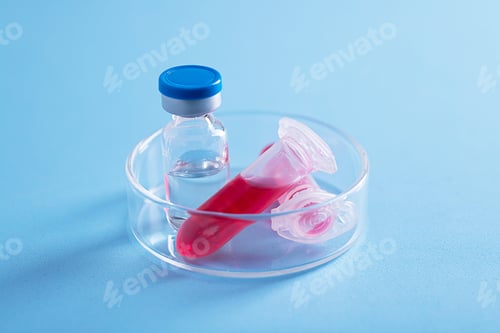 Preview: Closeup shot of a glass vial and two plastic vials with red liquid in a glass dish on a blue surface