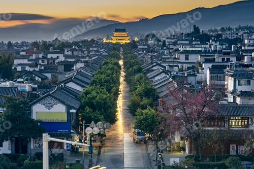 Preview: Twilight descends on an ancient city street leading to a glowing pagoda
