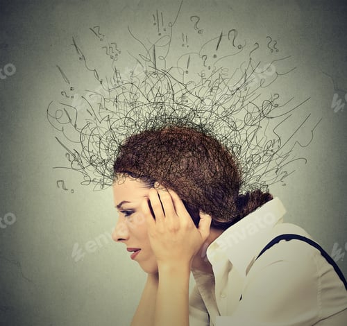 Preview: Side Profile Closeup Sad Young Woman With Worried Stressed Face Expression And Brain Melting Into