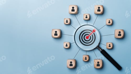 Preview: Goal concepts in customer relationship management Magnifying glass with target icon