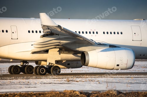 Preview: Closeup of landing gear, engine, wing, winglet and fuselage of passenger aircraft taxing on ru