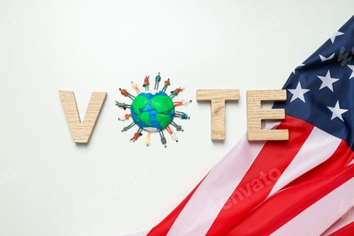 Preview: Wooden letters, planet with people and American flag on white background, top view