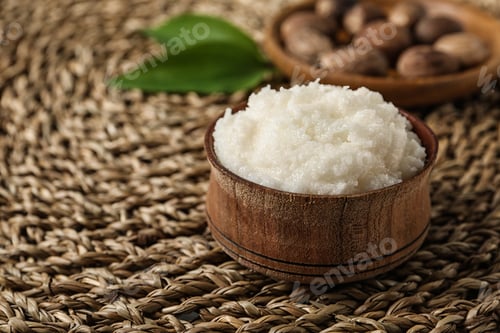 Preview: Shea butter in bowl and nuts on wicker mat, closeup. Space for text