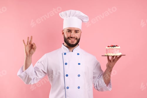 Preview: Happy confectioner in uniform holding cake with berries and showing ok gesture on pink background