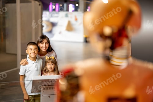 Preview: Mom with a kids interact with robot in science museum