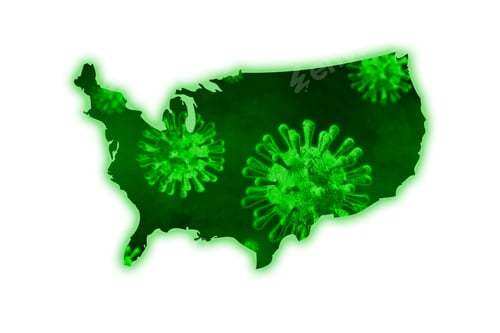 Preview: Illustration with a Map of USA with green corona virus.