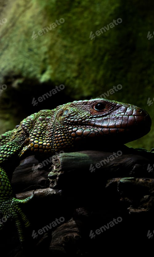 Preview: Close-up of an exotic lacerta on a moss-covered log in front of a lush, plant-filled wall